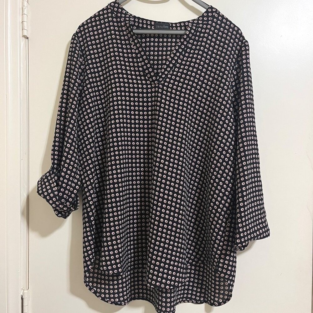 Geometric Circle Dot Top 1X V-Neck Roll Sleeve Workwear Teacher Office Preppy
